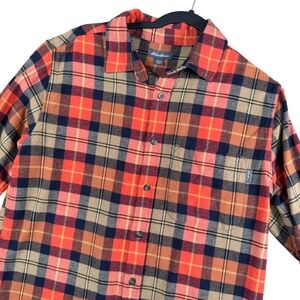 Eddie Bauer Mens M Plaid Flannel Shirt Orange Navy Tan Long Sleeve Cotton